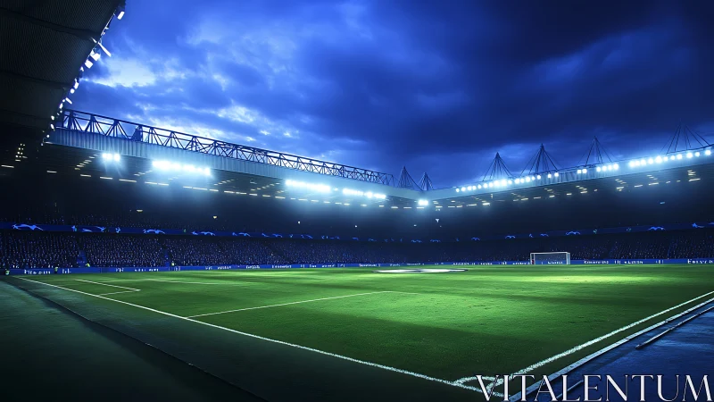 Floodlit emerald arena under electric midnight storm sky.