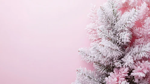 Frosted pine branches on pastel pink minimal winter backdrop.