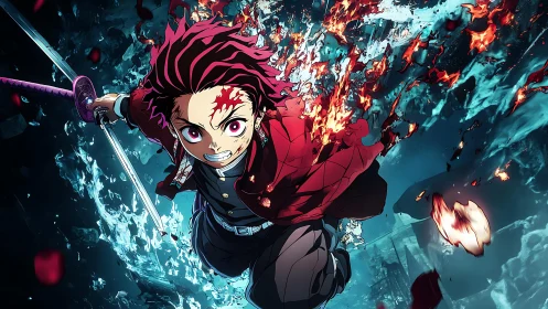 Dynamic anime swordsman lunging through icy inferno shards