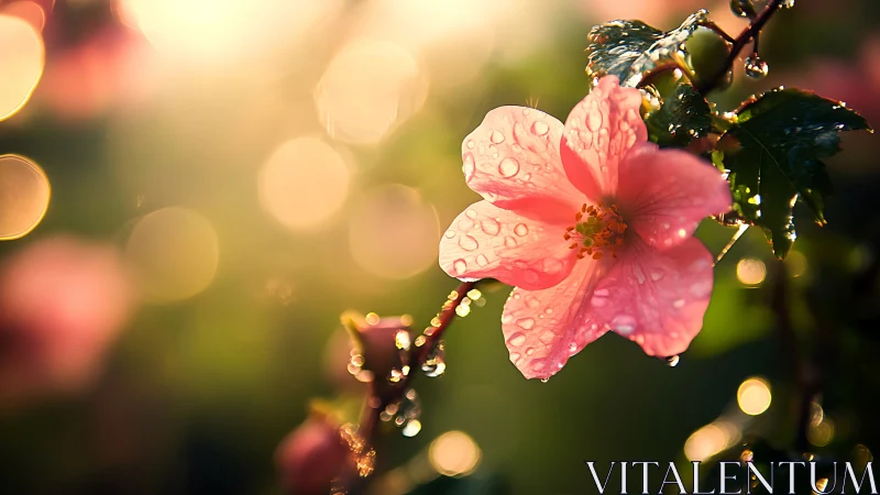 Pink Flower with Water Droplets and Bokeh Background