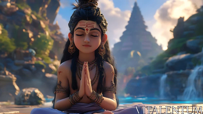 Peaceful child in prayerful meditation by tranquil temple.