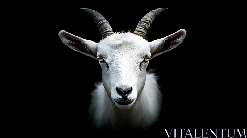 Gentle goat portrait glowing softly against deep black night.