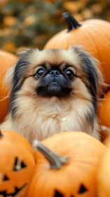 Small long-haired dog sits among carved orange pumpkins