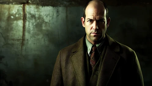 Gritty portrait of stern man in brown vintage overcoat.