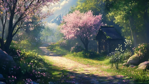 Sunlit spring path with blossom trees and small cottage.