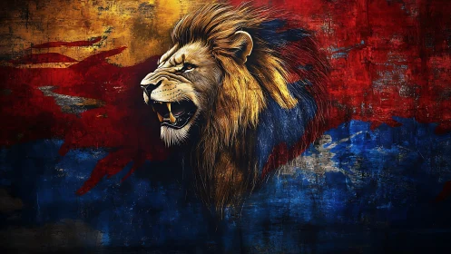 Roaring lion head over bold red, blue, gold backdrop.