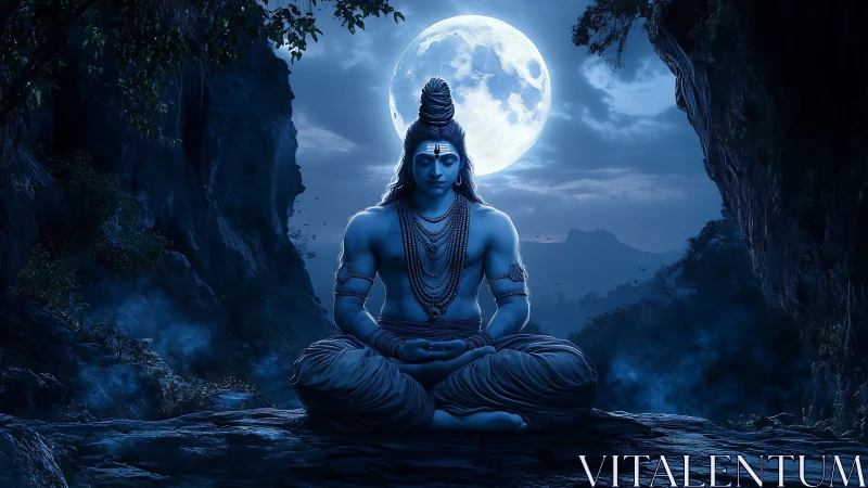 Moonlit meditative deity rendered in luminous cyan tonality