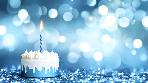 Blue Birthday Cake with Striped Candle Against Bokeh Lights.