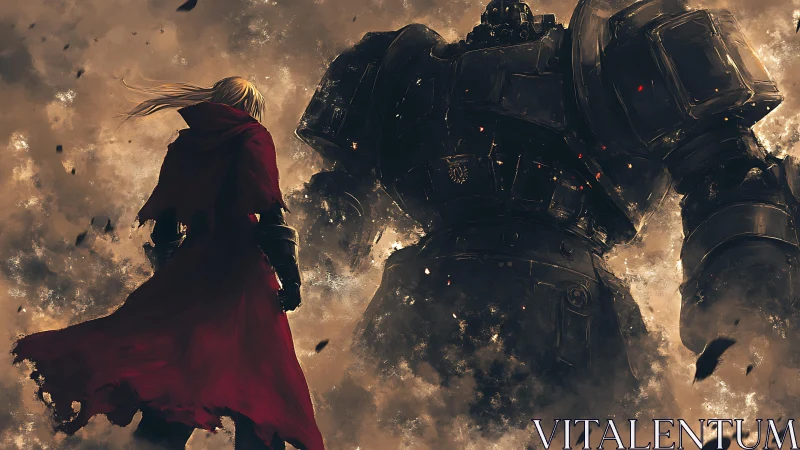 Lone red‑cloaked hero facing a towering battle mech.