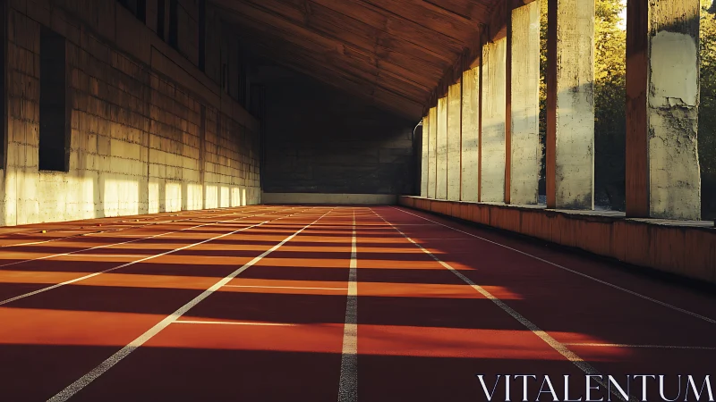 Indoor running track shows warm side light and long shadows
