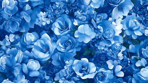 Blue floral abundance: densely layered roses and blooms in graduated monochromatic palette.