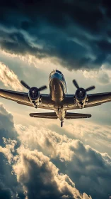 Twin‑engine propeller aircraft viewed from below in clouds.