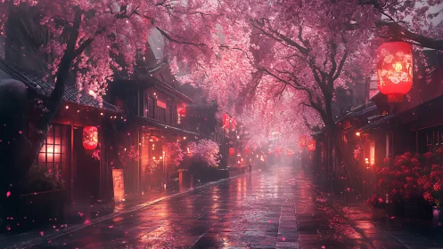 Lantern-lit cherry blossom street in gentle evening rain.