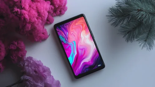 Modern smartphone with abstract screen, surrounded by flowers.