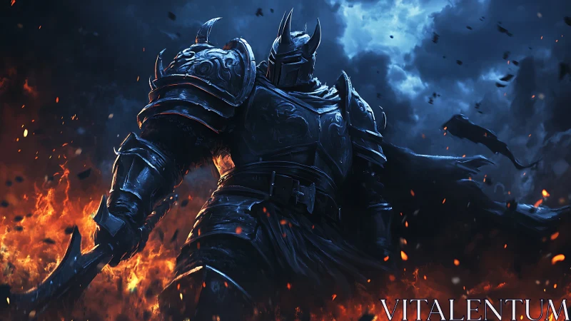 Dark armored warlord rising through fire and stormy night.