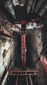 Underground red machinery carving a hidden urban passageway.