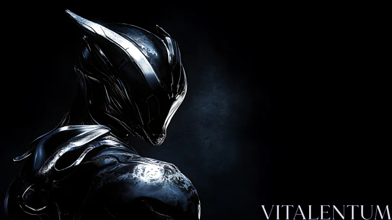 Chrome cybernetic warrior silhouette dominates void space.