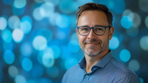 Middle-aged man portrait with teal bokeh background lighting