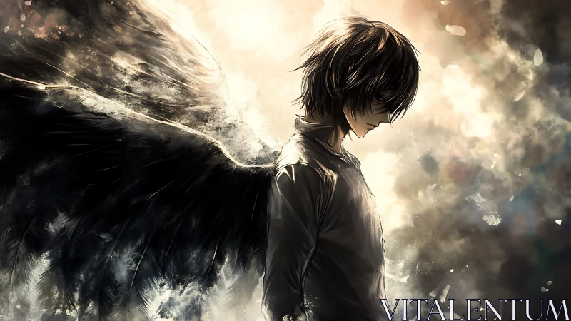 Side-view winged figure in monochrome backlit atmosphere.