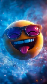 3D emoji with sunglasses in vivid blue and orange haze.