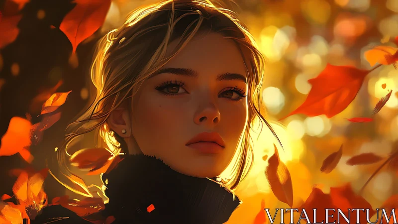 Woman in autumn light with falling orange leaves portrait.