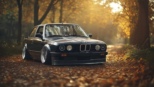 Classic BMW sedan slammed on forest road at golden hour.