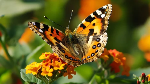 Sunlit butterfly rests gently on bright garden flowers