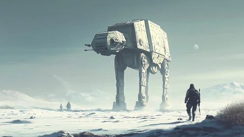 Colossal walker crossing frozen plain under pale alien sky.