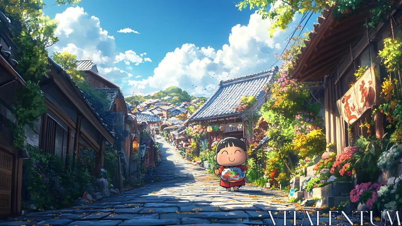 Smiling child exploring a sunny flower-filled village street.