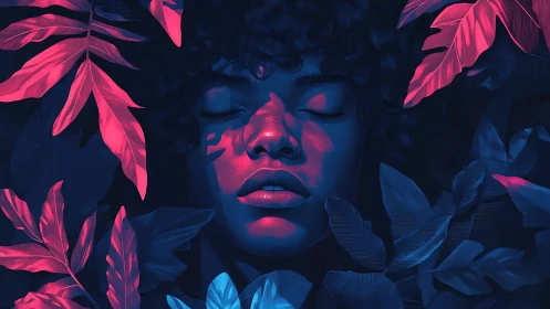 Neon jungle hush cradles a dreaming face in liquid color