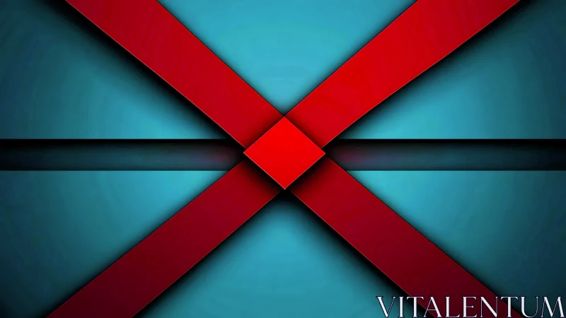 Intersecting red bands form dimensional cross on cyan plane