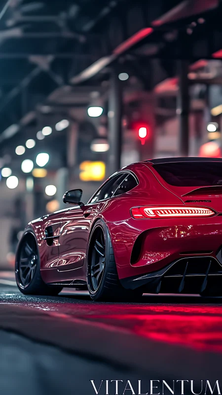 Midnight red sports car glows warmly under city lights