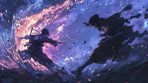 Dynamic anime duel framed by elemental fire vortex composition.