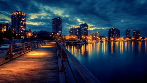Lakeside boardwalk under glowing city skyline at dusk.
