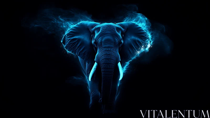 Luminescent blue elephant head on dark digital background.