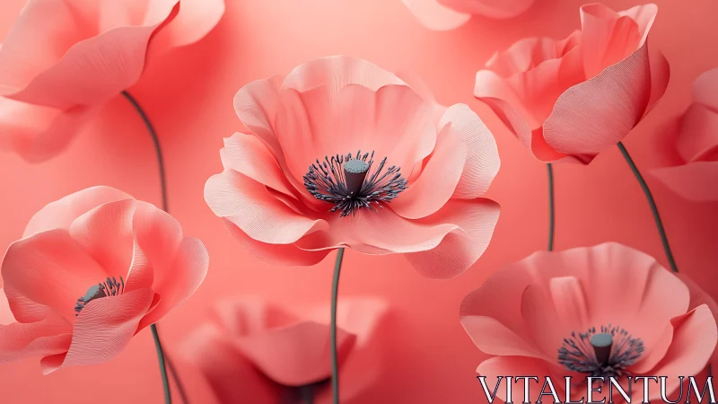 Coral Poppies in Soft Focus: Botanical 3D Rendering.