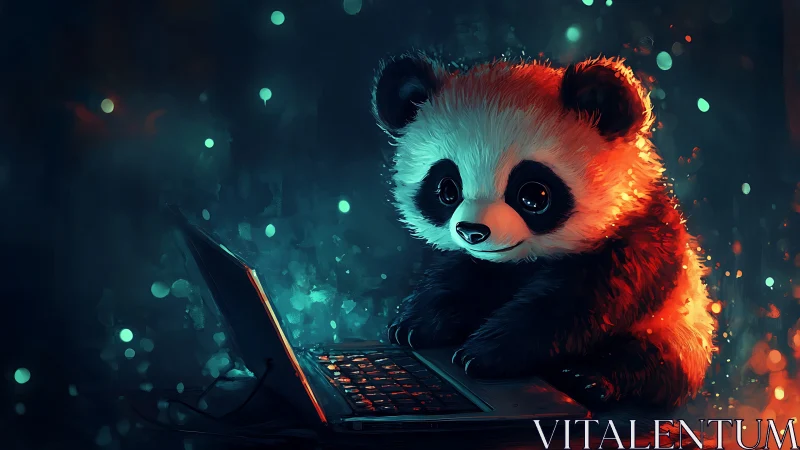 Cute digital panda using laptop in neon night glow.