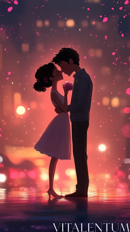 Couple silhouettes kissing with falling petals and warm glowing lights