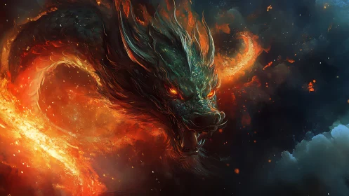 Fiery cosmic dragon curves through swirling storm clouds