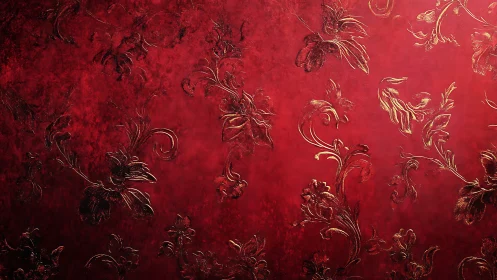 Scarlet brocade wall with burnished gold floral whispers.