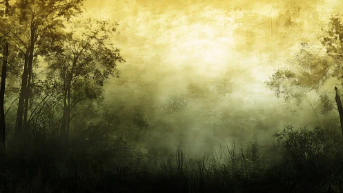 Tree silhouettes in mist against diffuse yellow sky.
