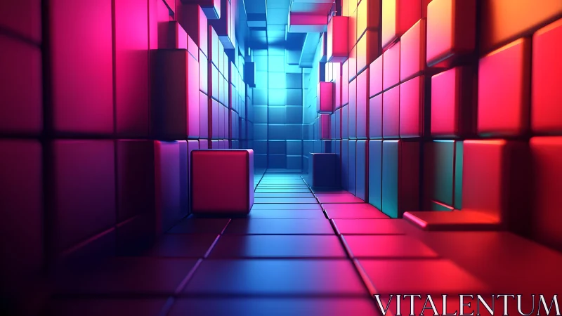 Futuristic corridor of glowing cubes in vibrant neon colors, digital art.