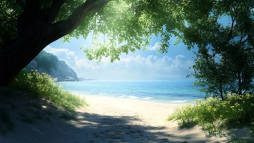 Sheltered Beach View Through Forest Canopy.
