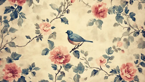 Blue songbird rests among vintage painted floral branches