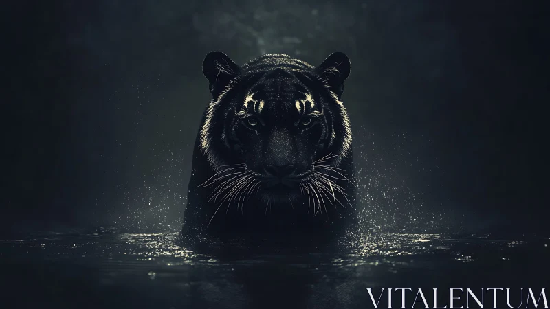 Black tiger emerging from dark water at night in profile.