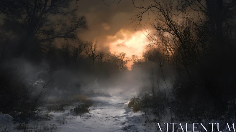 Winter fog tiptoes through a twilight forest corridor
