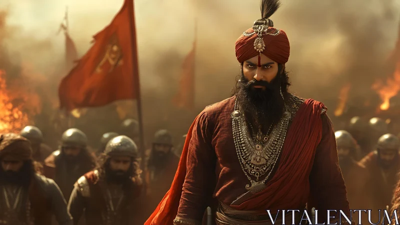 Warrior chieftain leads armored army through burning haze.