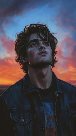Sunset-lit youth gazing upward in moody portrait painting.