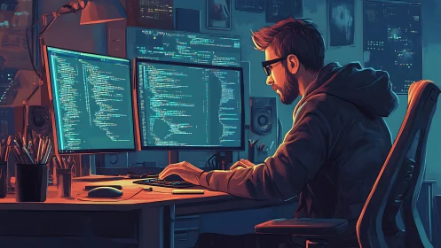 Night coder works at dual monitors in neon-lit studio