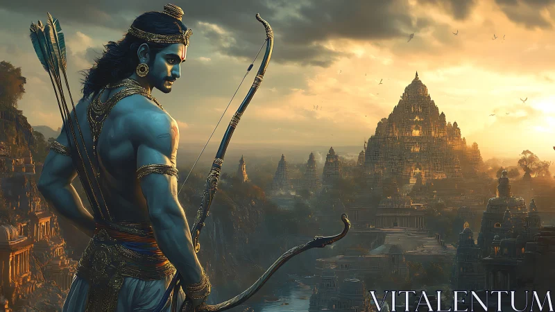 Mythic blue archer surveys sunlit temple metropolis at dusk.